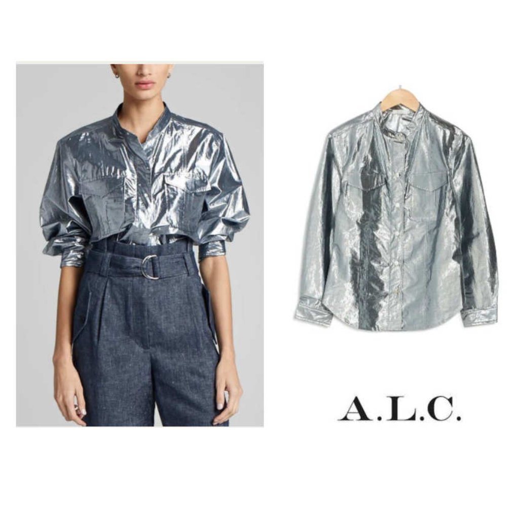 A.L.C Mendes Button-Down Blouse Top Metallic Silver Indigo Size 6